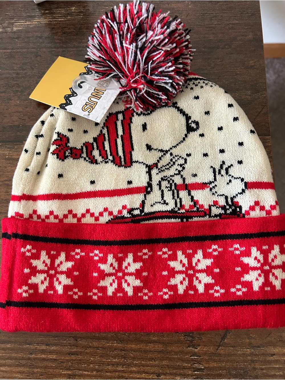 Peanuts Red White Black Pom Pom Beanie - One Size Fits Most